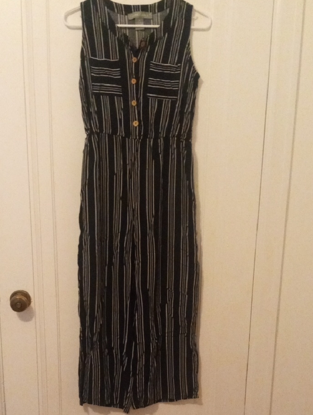women med black white striped pant romper, sleeveless